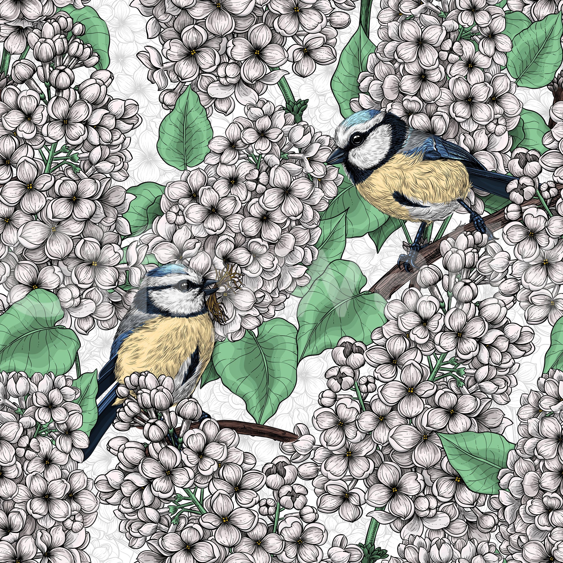 Botanical wallpaper with white flowers and green foliage pattern.