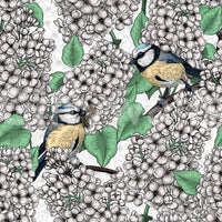 Botanical wallpaper with white flowers and green foliage pattern.