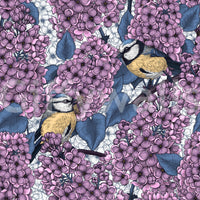 Violet floral wallpaper pattern with sketched animals and botanical elements.
