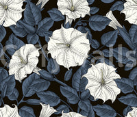 Dark botanical wallpaper with white blooms and textured blue foliage pattern art.