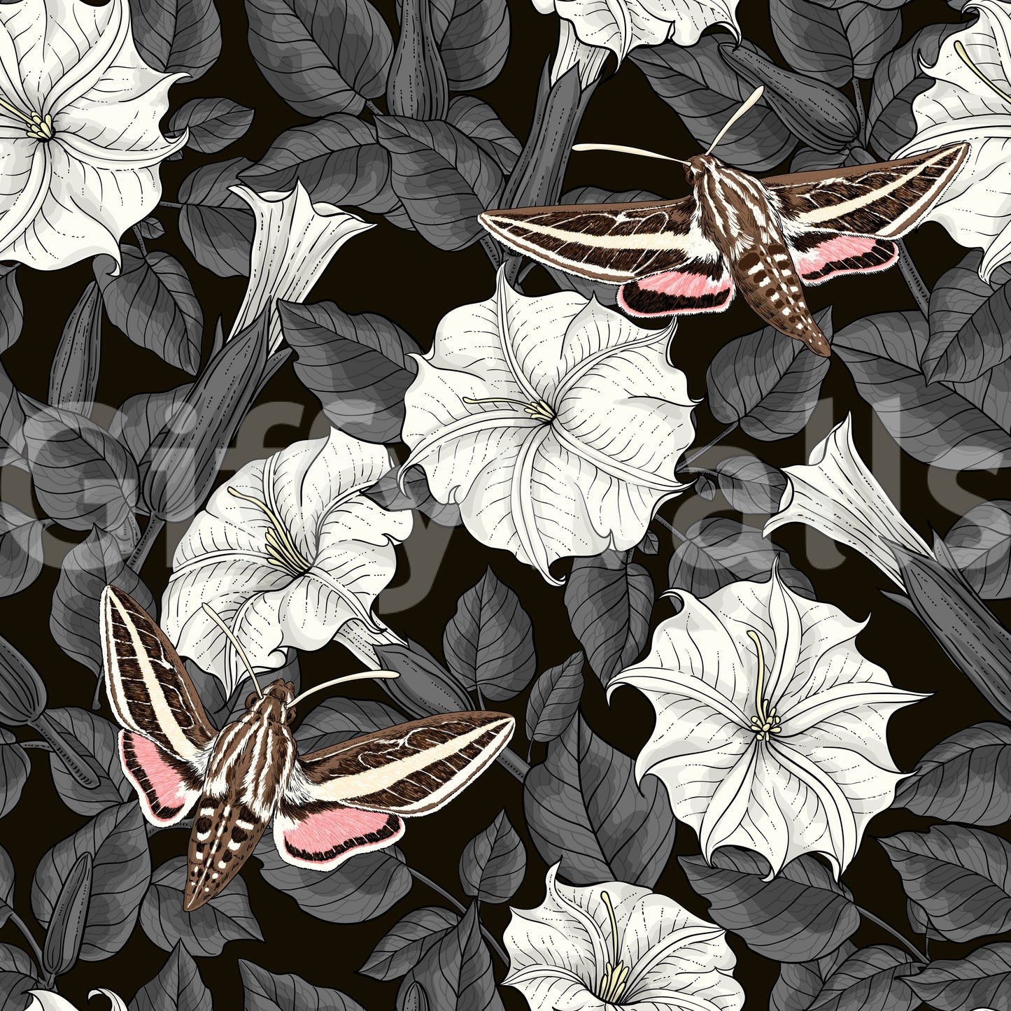 White moonflower blooms and sphinx moths on a seamless wallpaper.