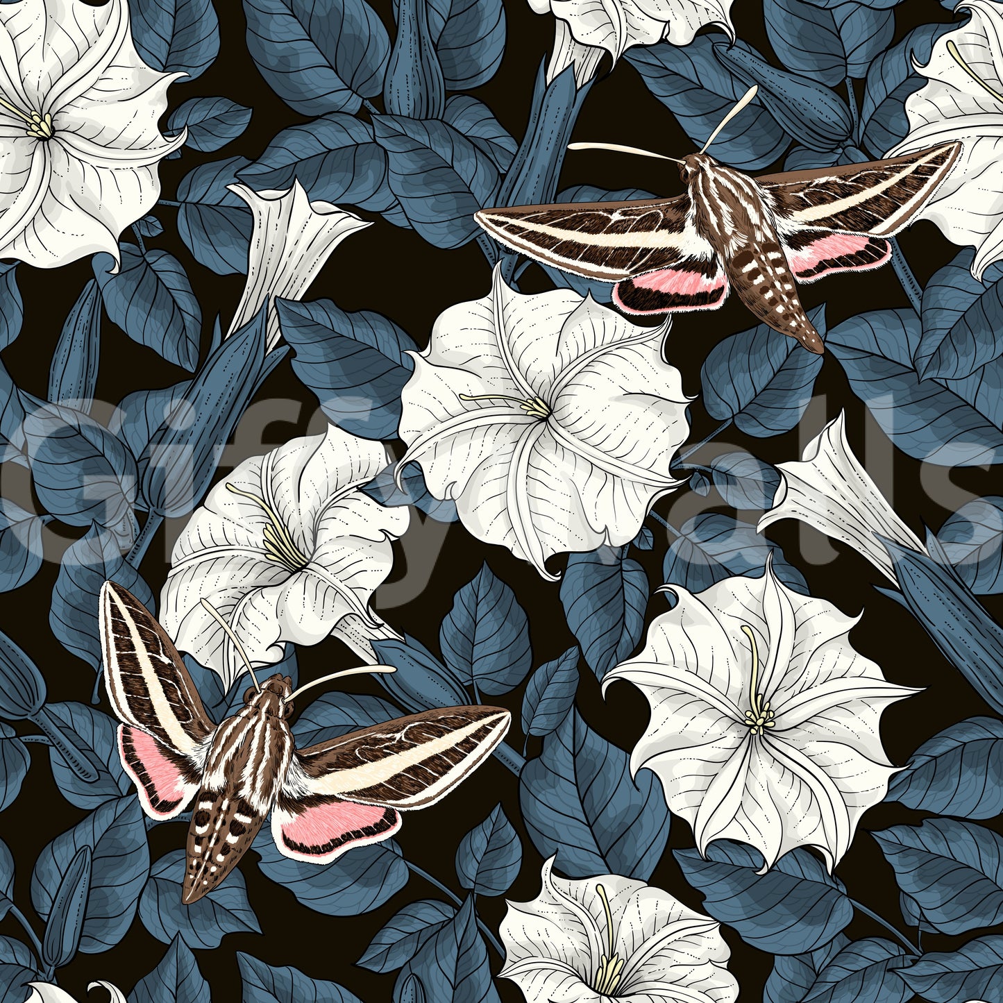 Floral wallpaper with white trumpet flowers and moths., GD9835