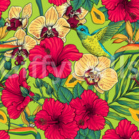Bright hummingbird and orchid pattern summer garden wallpaper., GD9836