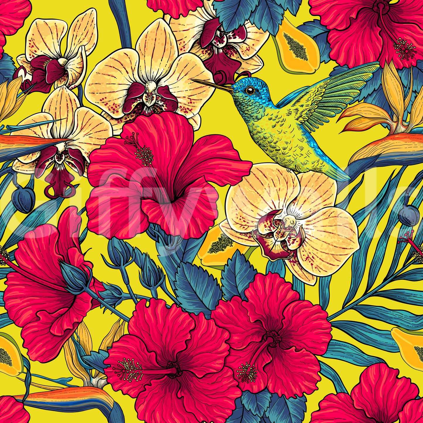 Detailed botanical wallpaper with red flowers and blue palm leaves., GD9837