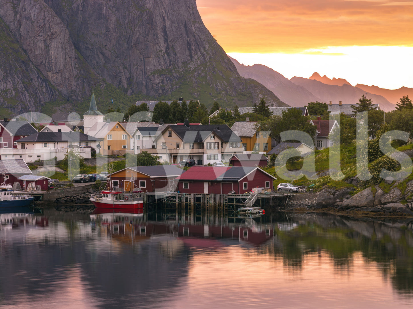 Village wall mural showing coastal architecture and water docks with mountain views., GD9839