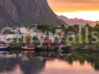 Village wall mural showing coastal architecture and water docks with mountain views., GD9839