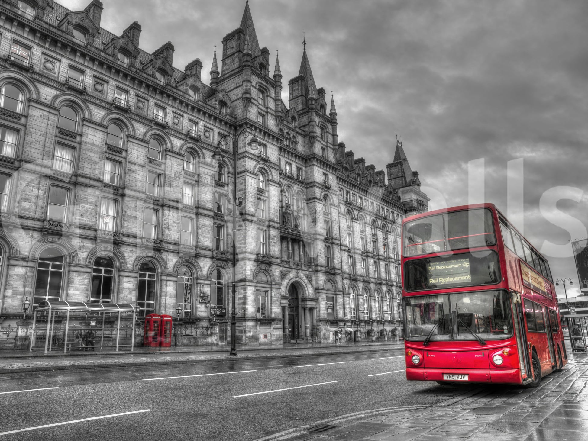 Urban street view with grey masonry and red transport wall mural print., GD9845