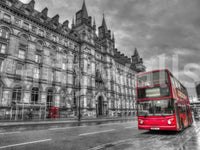 Urban street view with grey masonry and red transport wall mural print., GD9845