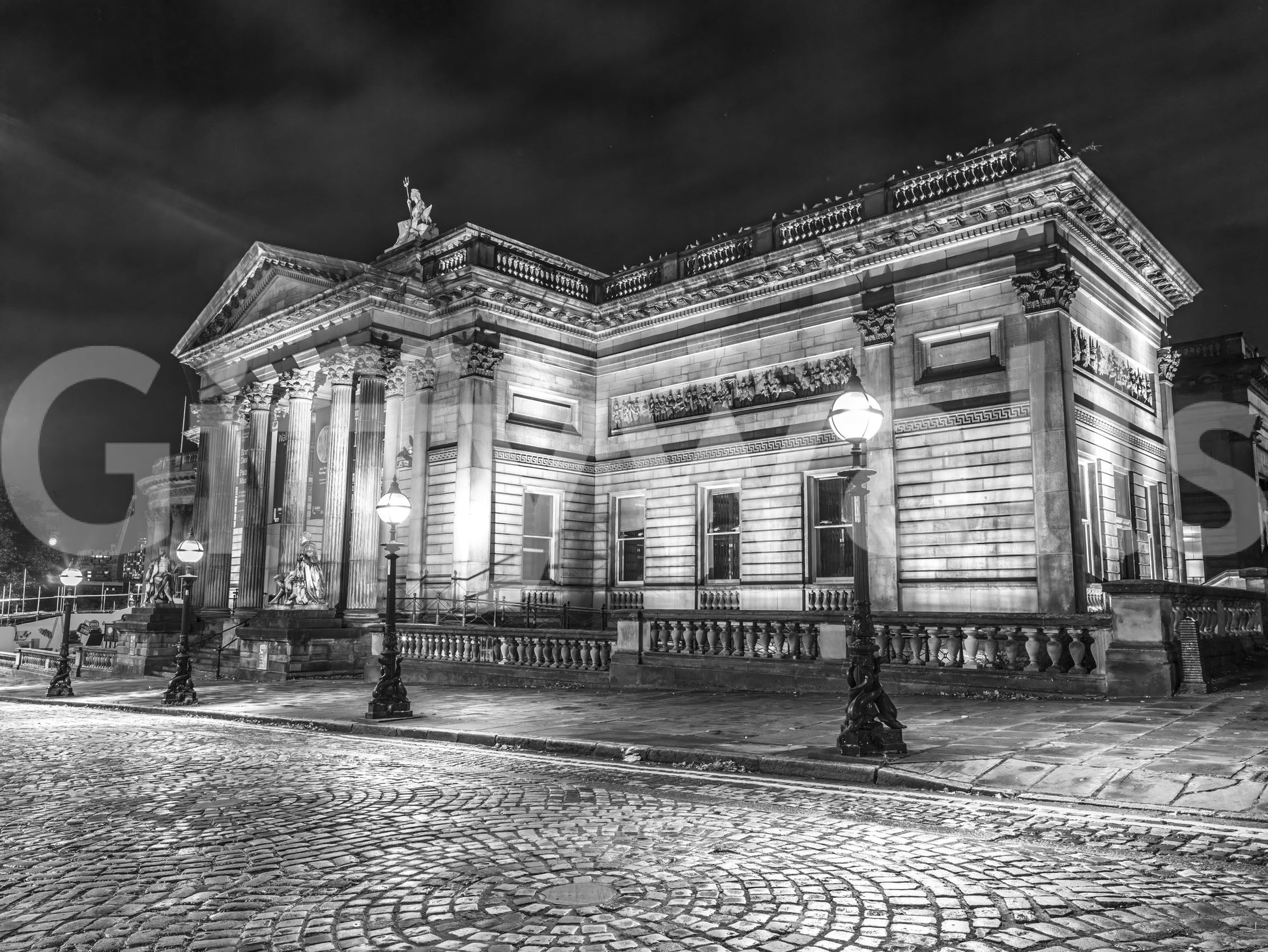 Dark sky and illuminated building wall mural with Neoclassical museum exterior visual, GD9846