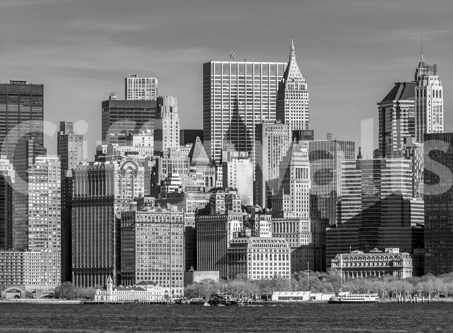 Black and white Manhattan city vista for a textured effect wall mural.