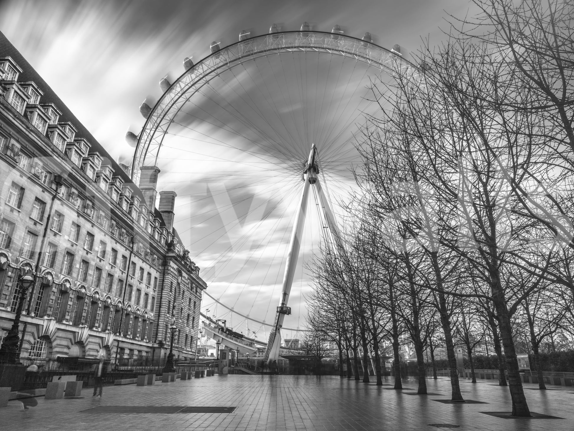 Majesty themed monochrome wall mural showing a Ferris wheel and historic facade., GD9852