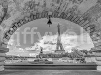 Grey color timeless wall mural with Eiffel Tower and clouds.
