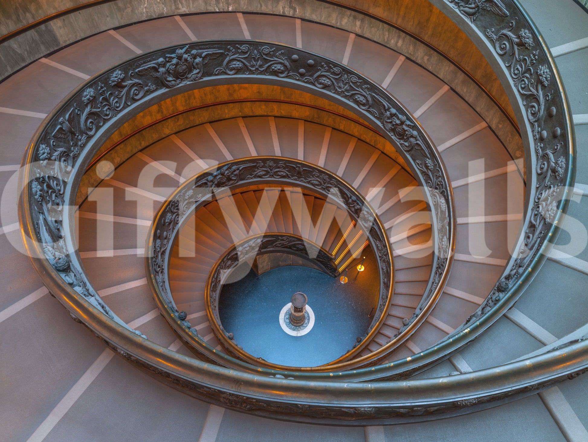 Symmetrical spiral staircase wall mural showcasing classical architecture., GD9857