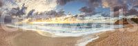 Shoreline wall mural with sunset horizon and ocean wave texture.