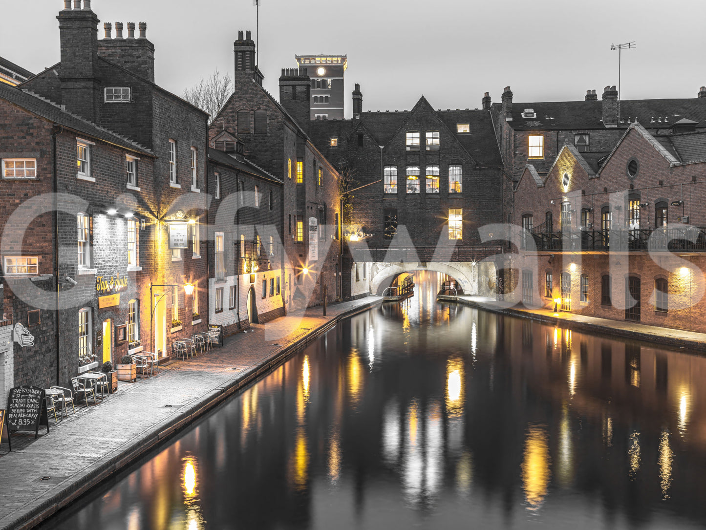 Vintage industrial area with old buildings and a canal wall mural., GD9859