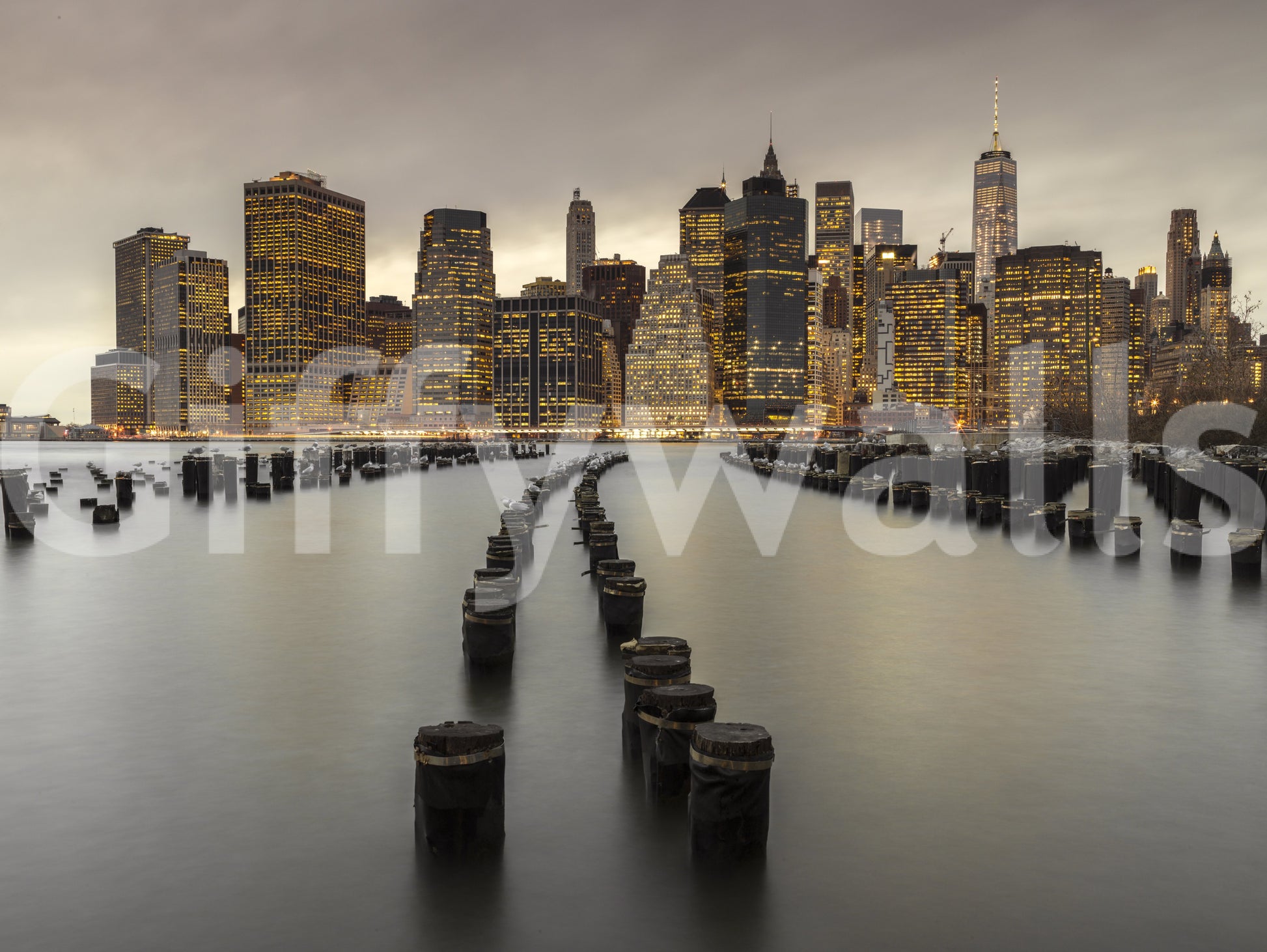 NYC Urban Glow Wall Mural with evening light reflected on calm water., GD9868