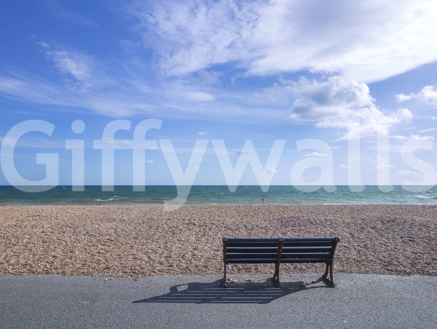 Nautical themed wall mural showing a coastline bench and bright blue sky above., GD9870
