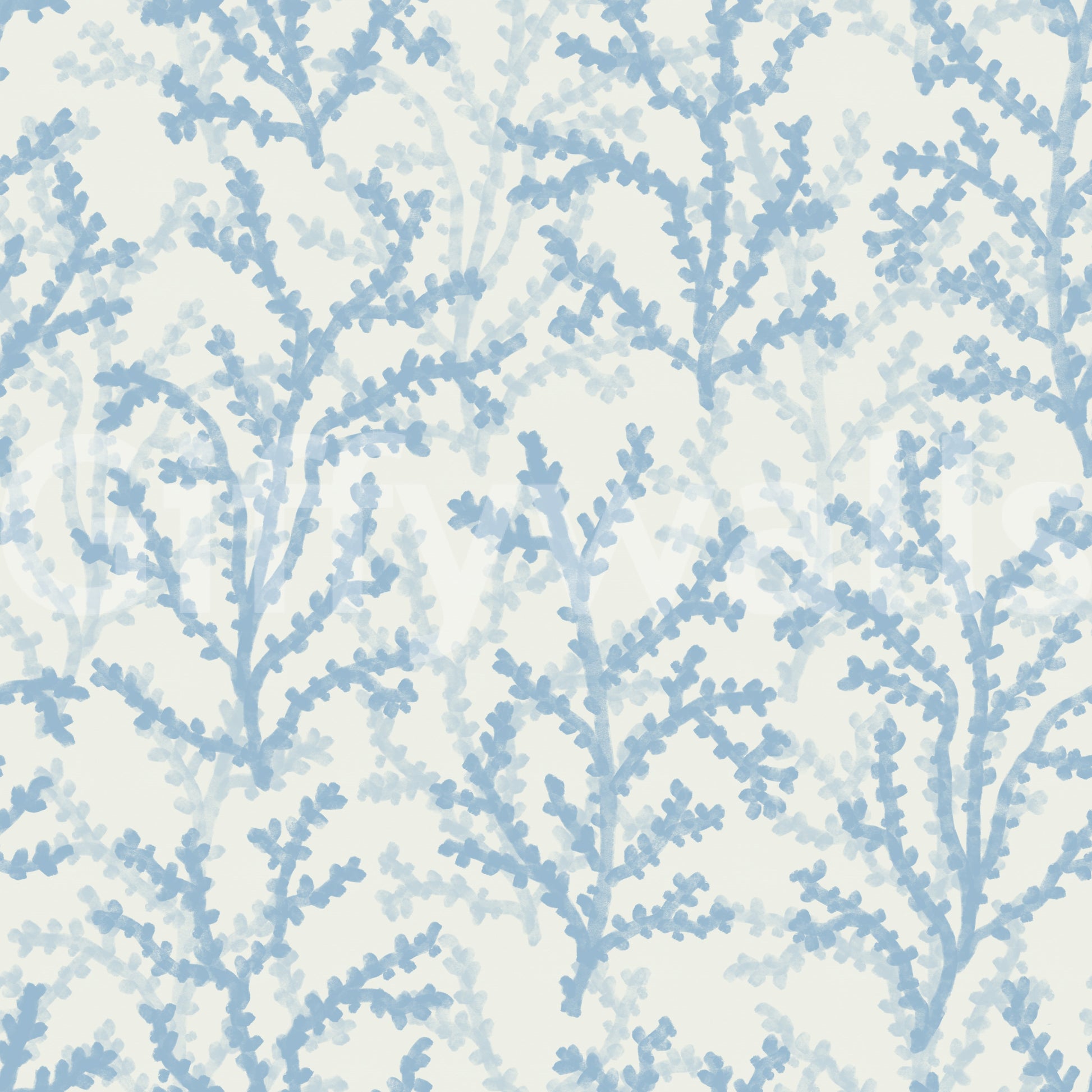 Light blue botanical branch pattern wallpaper on a white background., GD9874