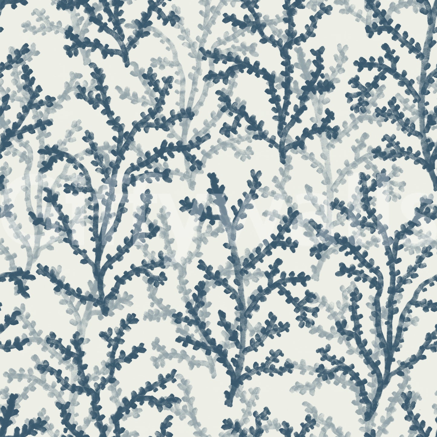 Teal botanical coral structures on a neutral base with oceanic wallpaper.