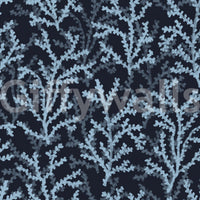 Hand painted botanical Coraline pattern on navy blue textured wallpaper.
