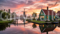 Calm water reflecting windmill and Canal wall mural with pink dawn light., GD9885