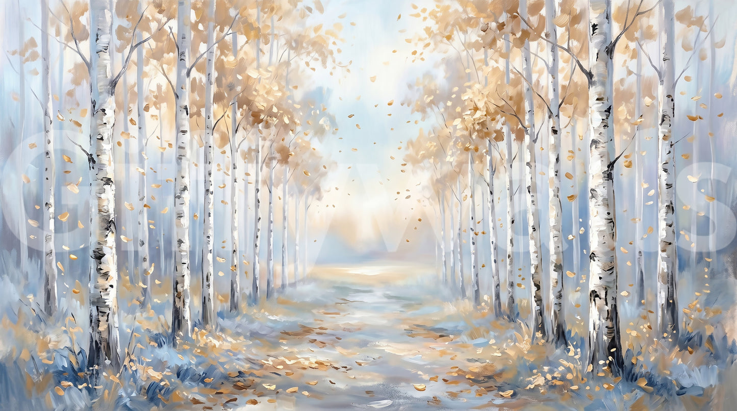 Golden seasonal forest wall mural featuring soft watercolor textures.