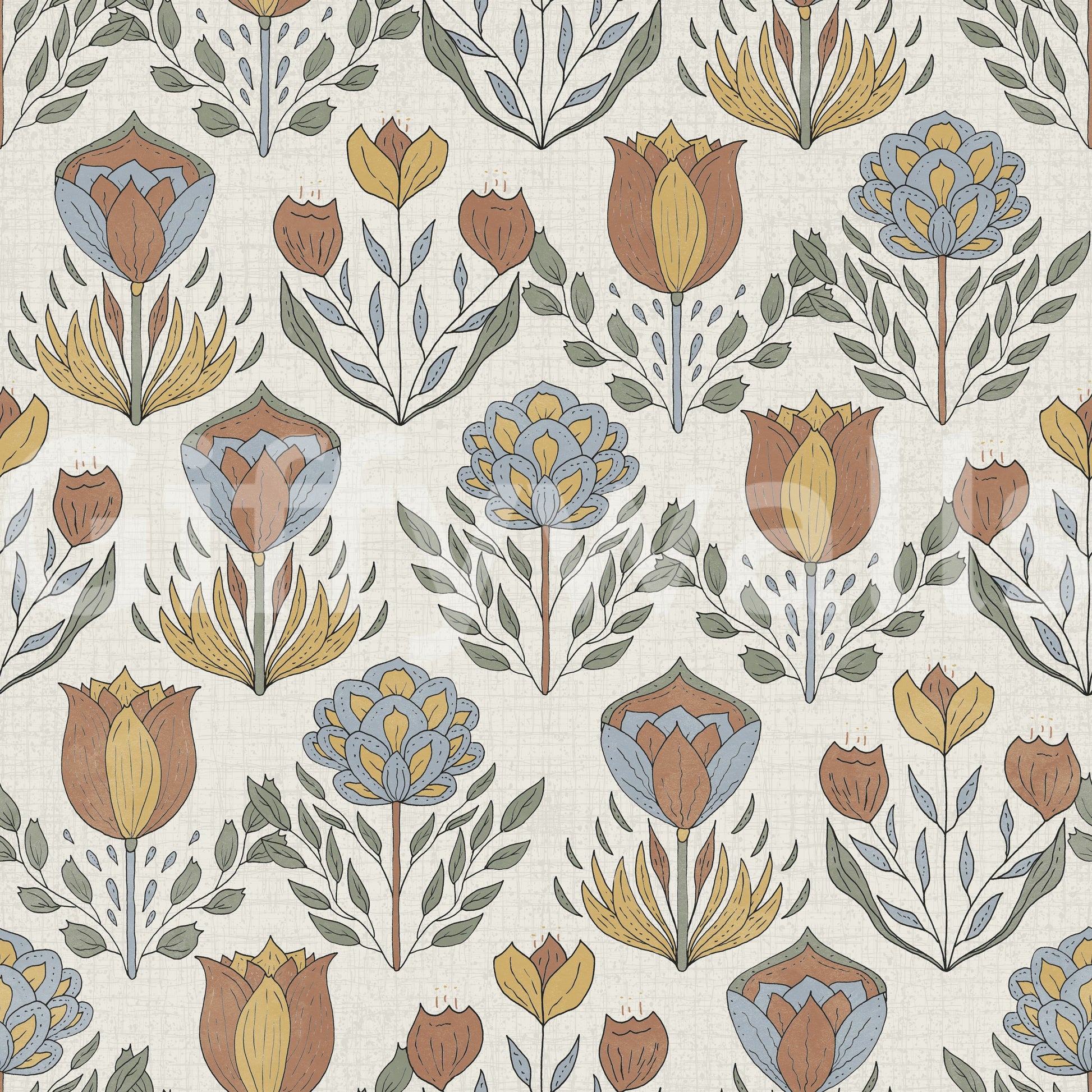 Folk-art tulip and ornamental bloom wallpaper pattern swatch on cream linen-textured ground in warm earthy palette, GD9895