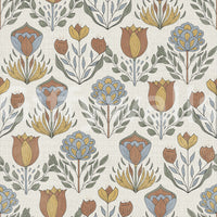 Folk-art tulip and ornamental bloom wallpaper pattern swatch on cream linen-textured ground in warm earthy palette, GD9895