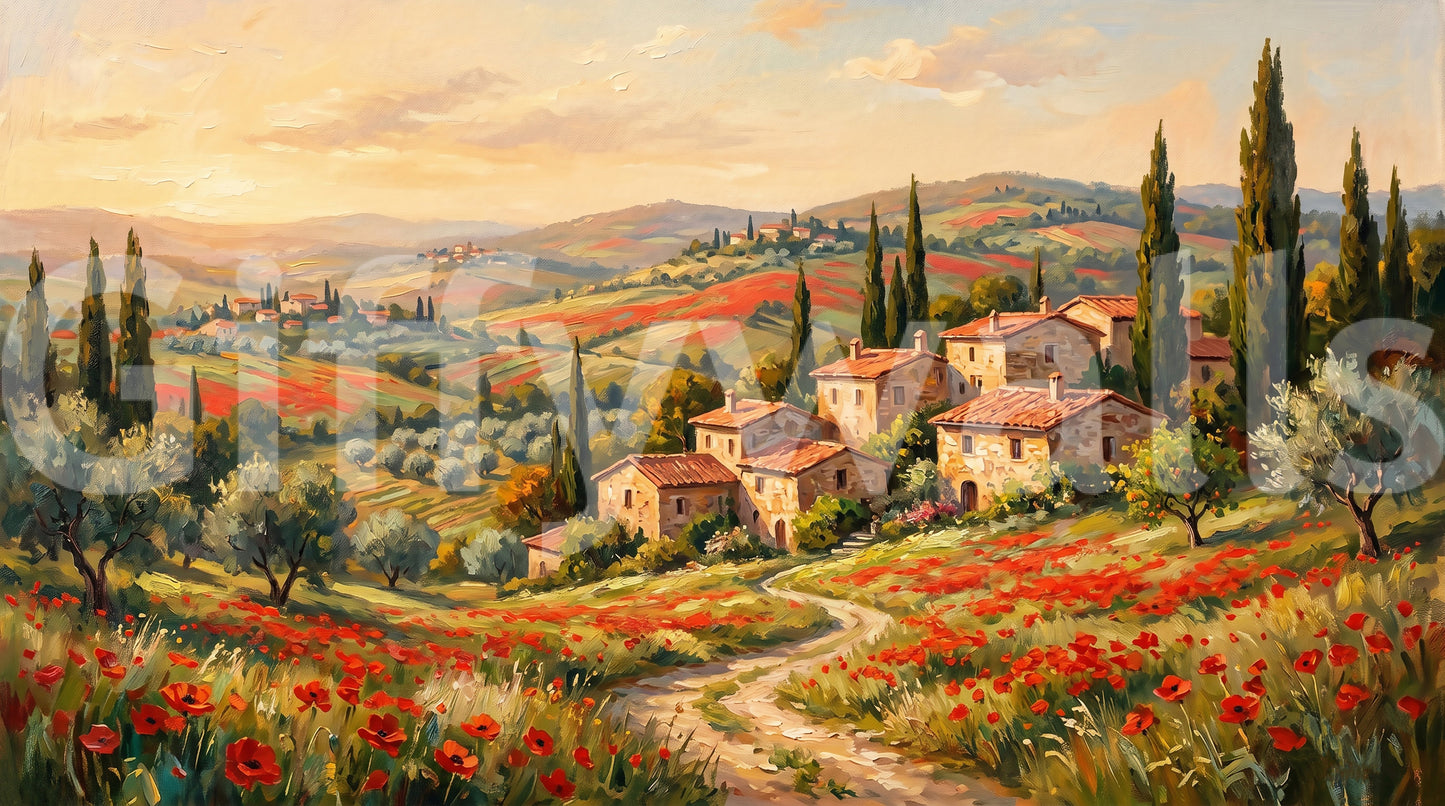 Scenic countryside wallpaper with stone villas and warm golden sky., GD9897