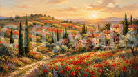 Warm peach sky and lavender foreground inside the Italian poppy village wall mural., GD9898