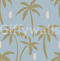 Repeating palm silhouettes flow seamlessly across this custom-size soft blue wallpaper., GD9902