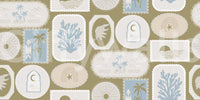 Cream, sage, and dusty blue motifs settle on a deep olive tropical wallpaper., GD9903