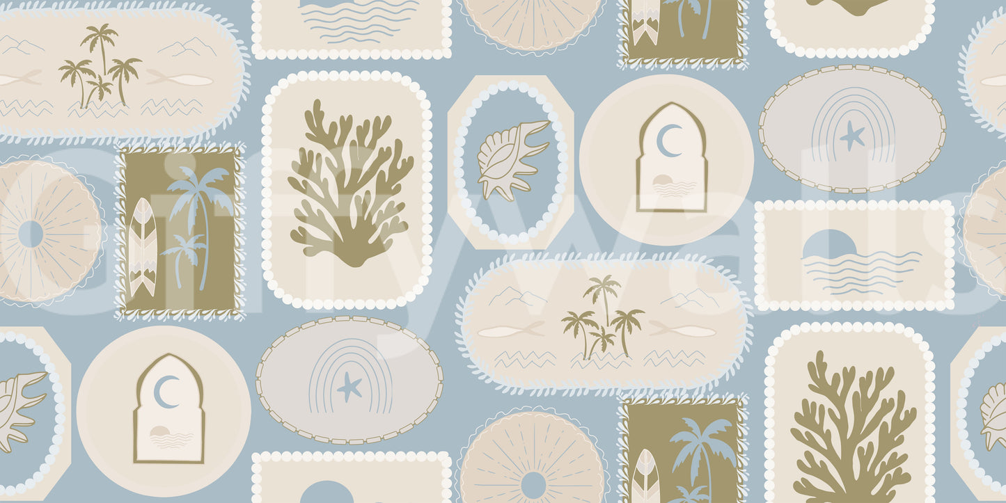 Surfboards, palms, and conch shells gathered into a coastal frames wallpaper, GD9904