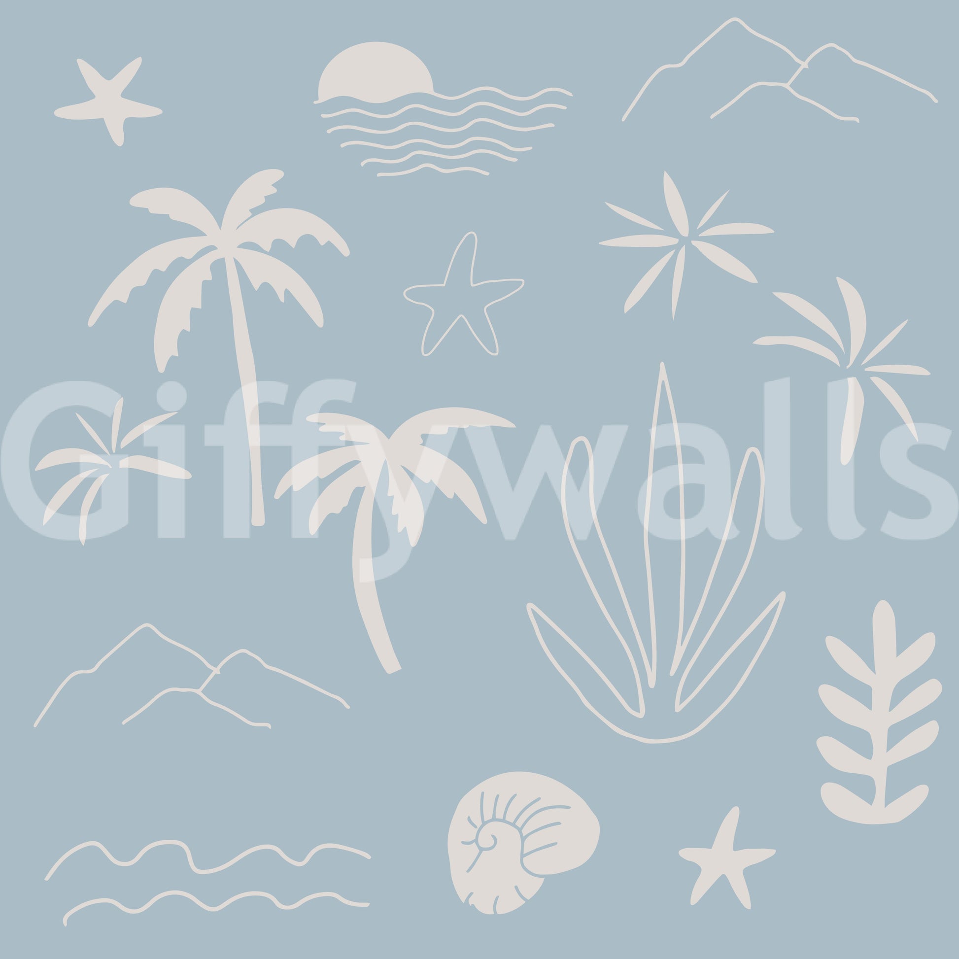 Quiet pairing of dusty blue and cream defines this soft blue tropical icon wallpaper., GD9908