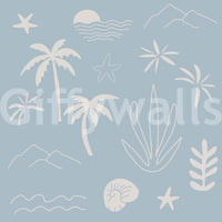 Quiet pairing of dusty blue and cream defines this soft blue tropical icon wallpaper., GD9908