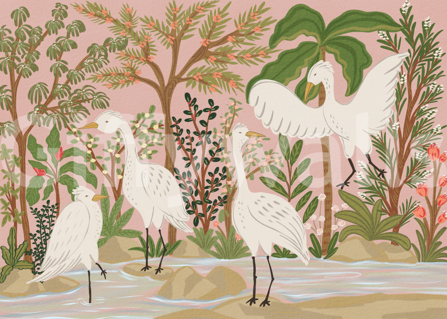 Graceful Egrets in a Serene Botanical Oasis Wall Mural