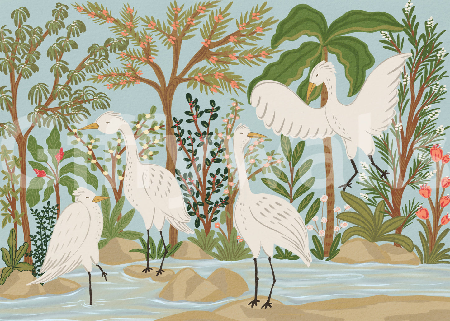 River Egrets: Serene Jungle Dance Wall Mural