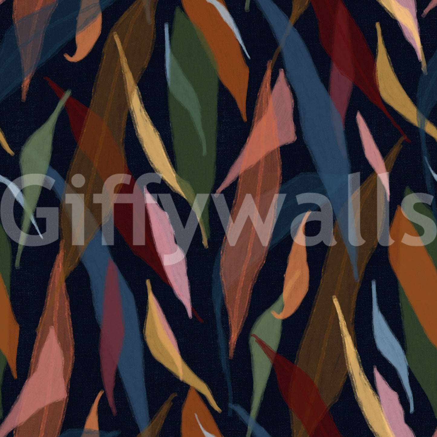 Lush green and yellow leaf details on the dark Tropical Collage wallpaper., GD9929