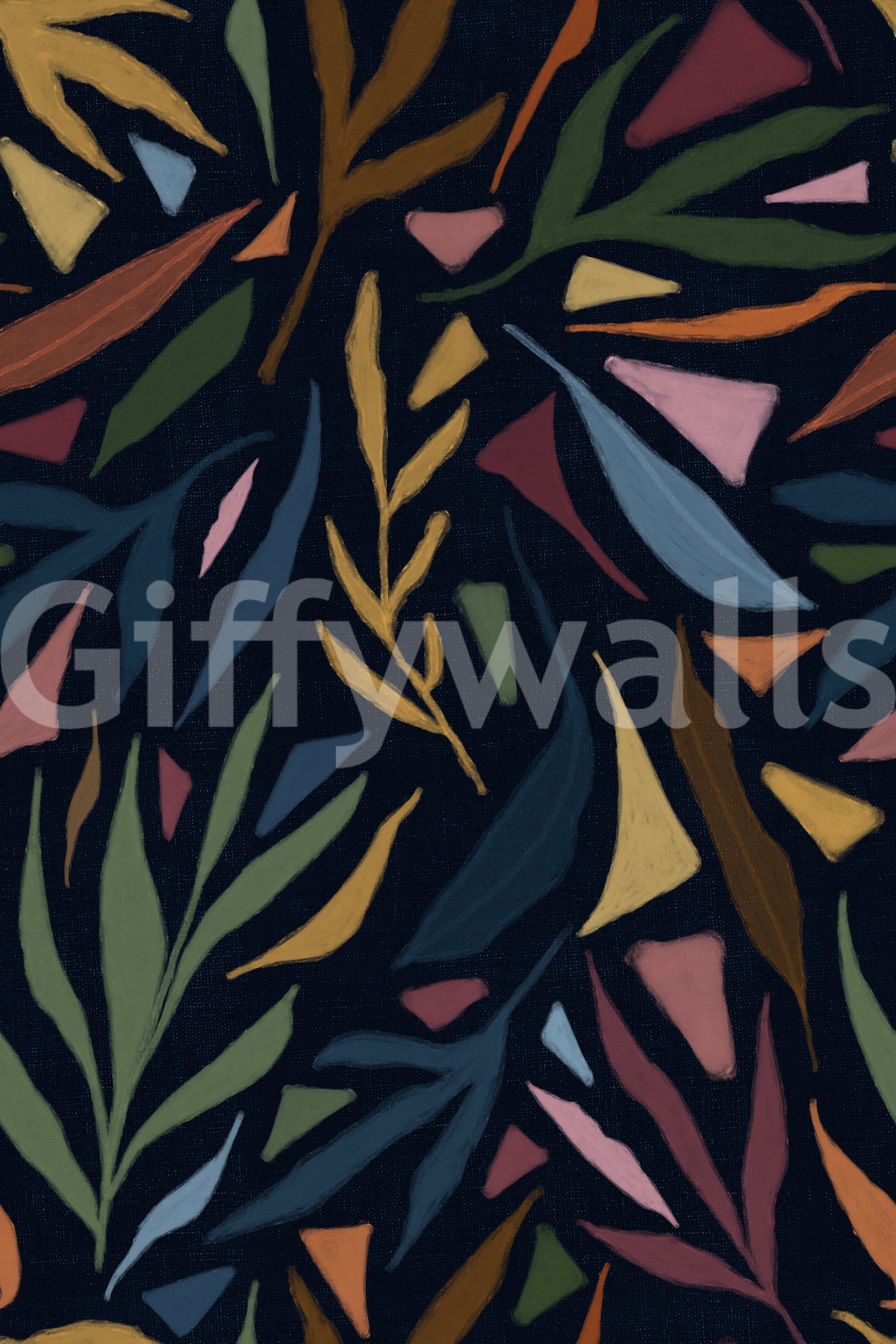Dense botanical pattern covers this dark, painted tropical wallpaper.