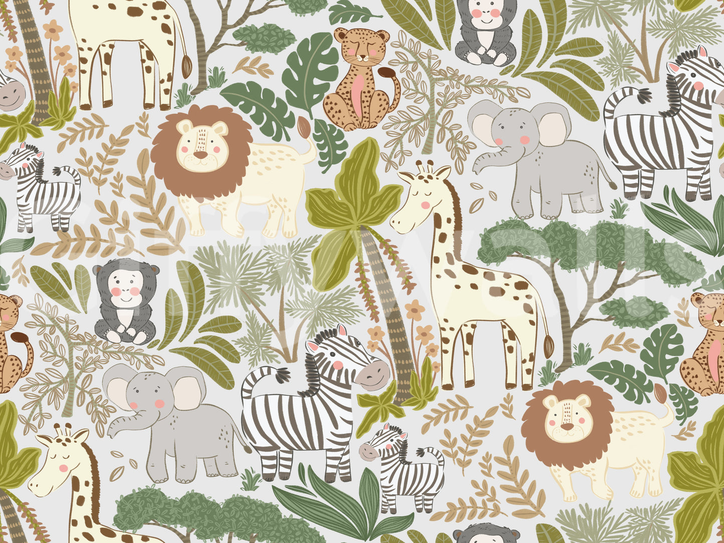 Soft tropical leaves surrounding creatures on this safari wallpaper.
