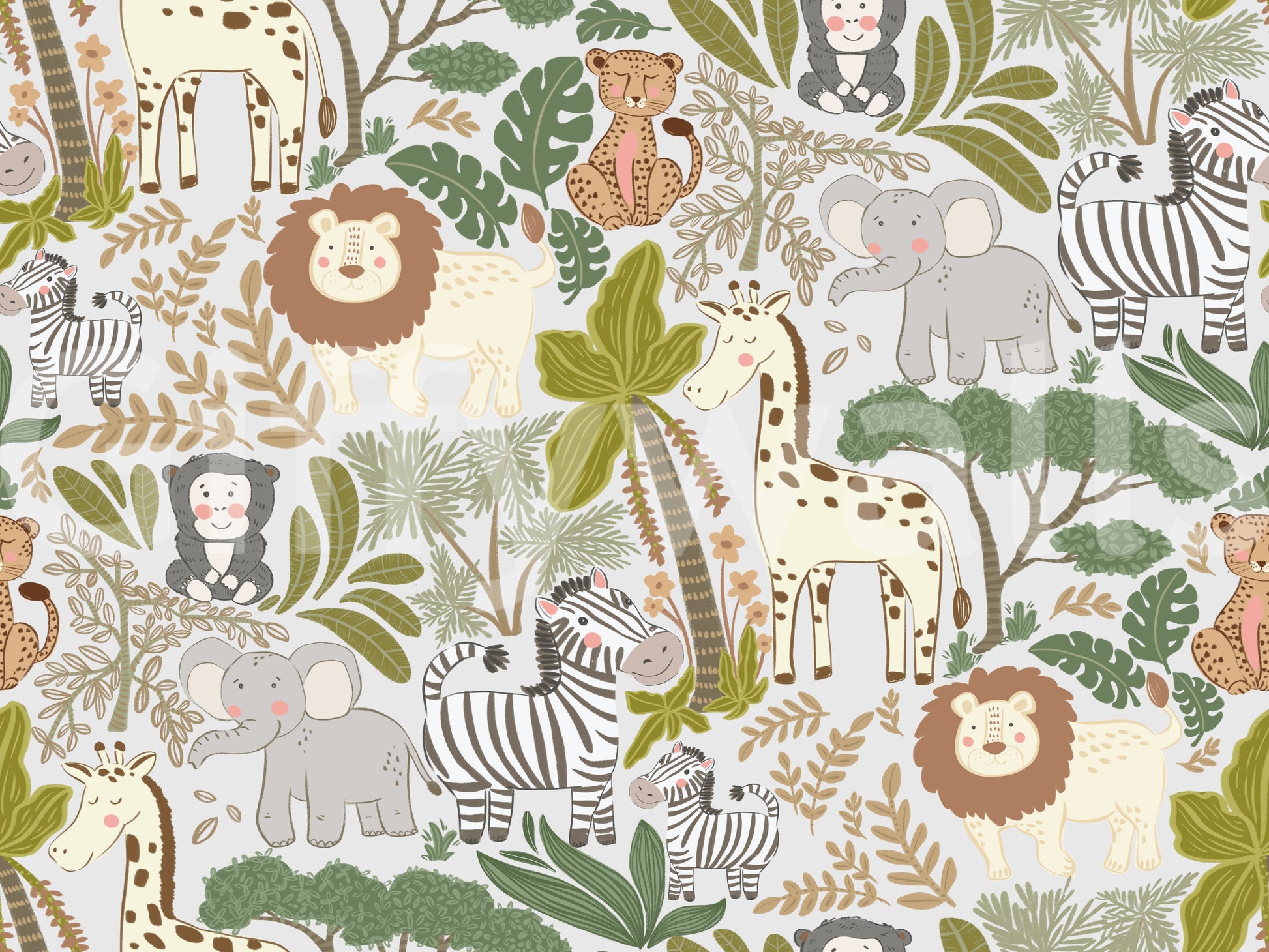 Soft tropical leaves surrounding creatures on this safari wallpaper.