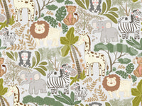 Soft tropical leaves surrounding creatures on this safari wallpaper.