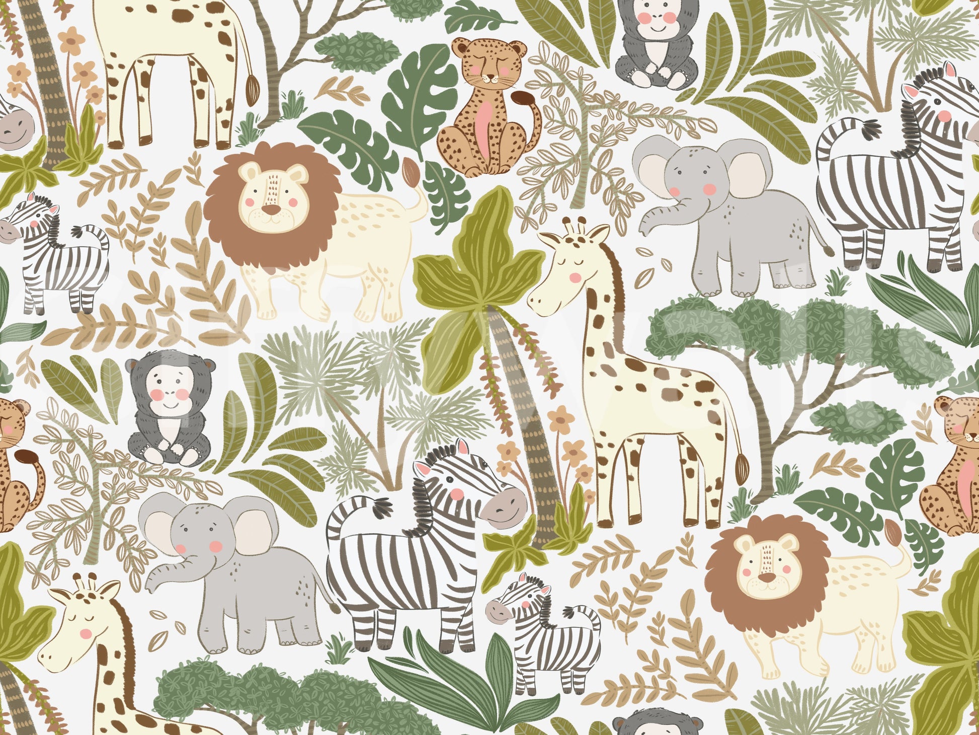 Cheerful and friendly safari animals are scattered throughout a wallpaper.