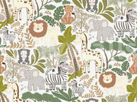 Cheerful and friendly safari animals are scattered throughout a wallpaper.