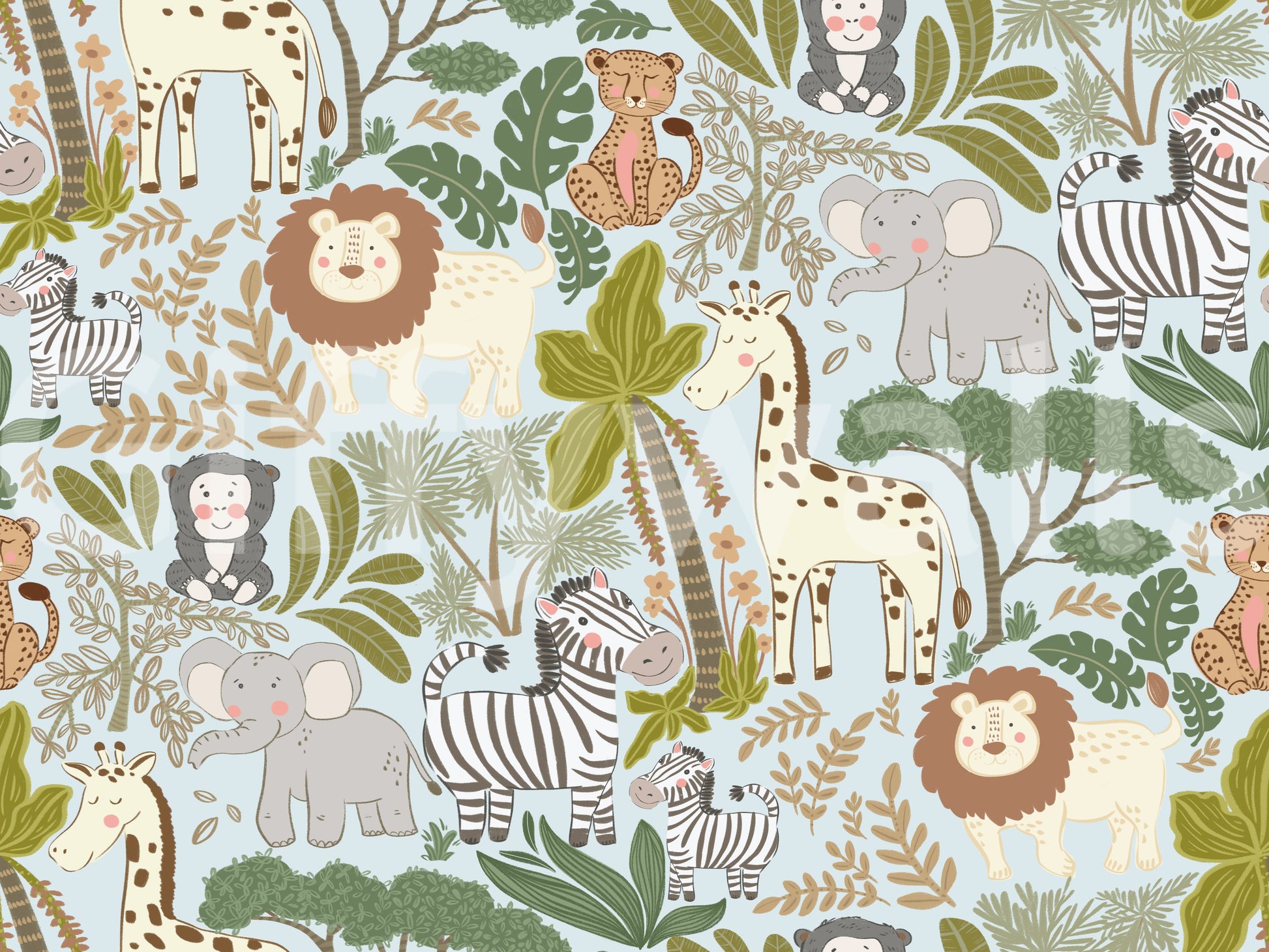 Repetitive animal motifs on the Gentle Safari Pals wallpaper for walls.