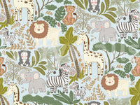 Repetitive animal motifs on the Gentle Safari Pals wallpaper for walls.