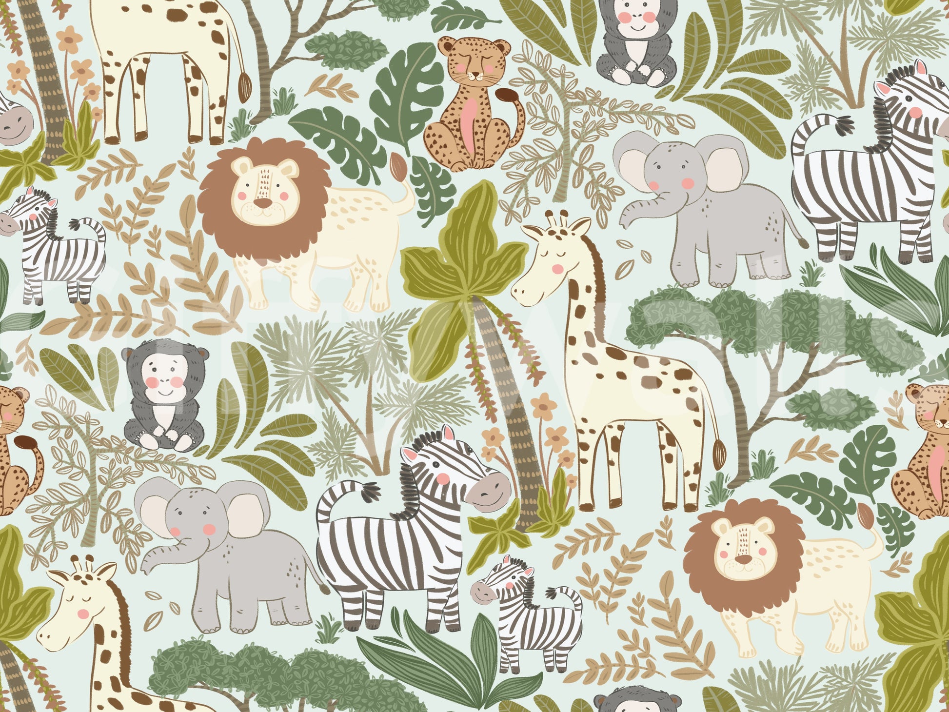 Whimsical safari creatures featured on a jungle crew wallpaper., GD9935