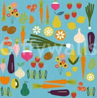 Detailed view of lemons and eggplants on the mid century wallpaper., GD9939