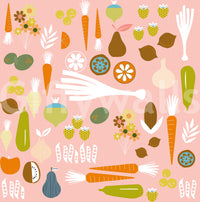 A flat lay pattern of vintage garden produce on a pink wallpaper.