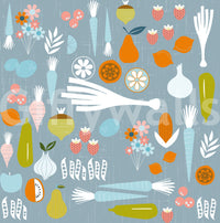 Detailed veggie illustrations on the mid century modern kitchen wallpaper.